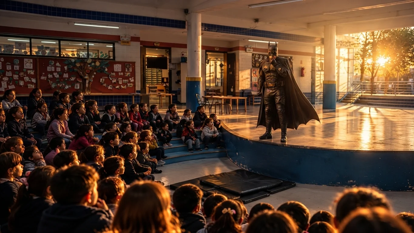 Batman Floripa visitando crianças em escola